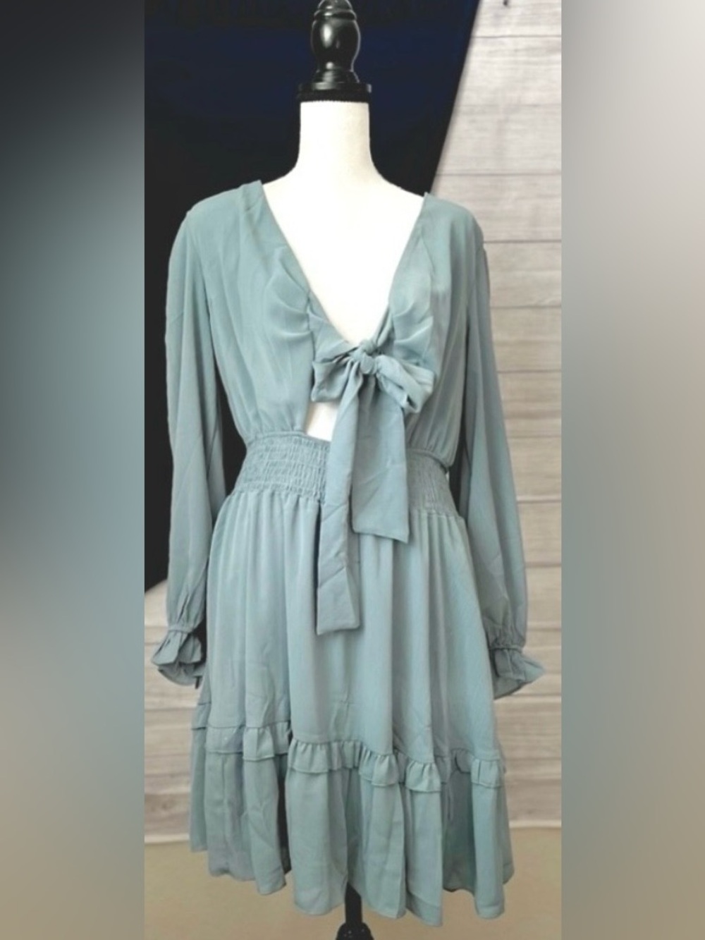Sage Green Chiffon Tie Front Mini Dress L Ruffle Hem Long Sleeve - Picture 3 of 5